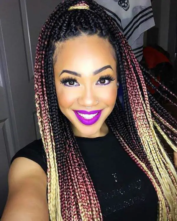 mixed colour braids for dark skin: Pink and blonde box braids