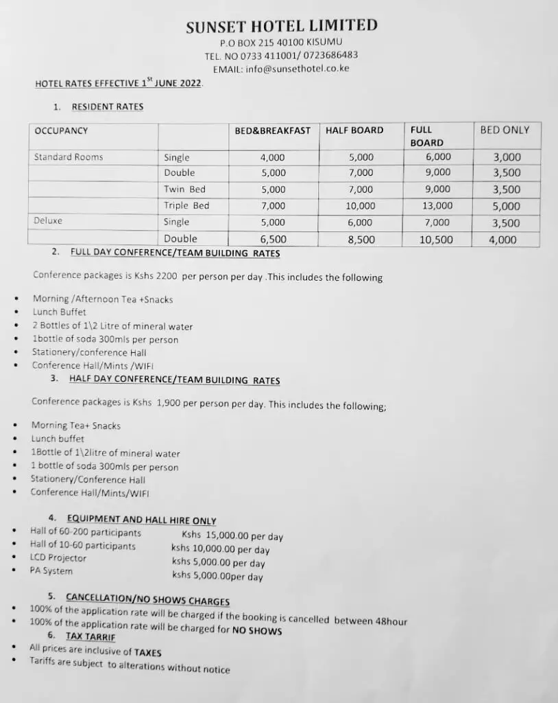 Sunset Hotel Kisumu Prices