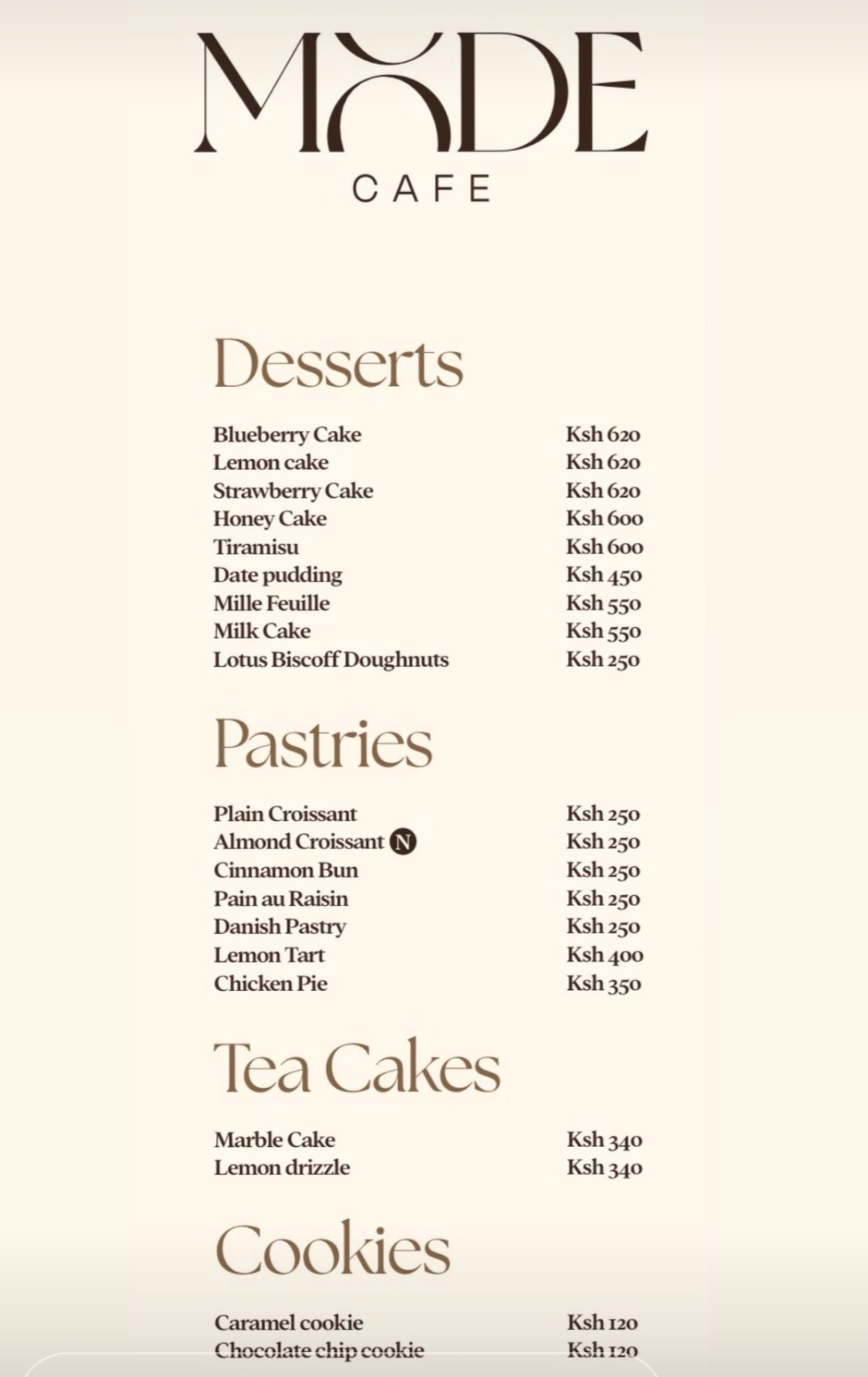 Mode cafe menu desserts