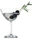 A cocktail with black olives as a garnish
